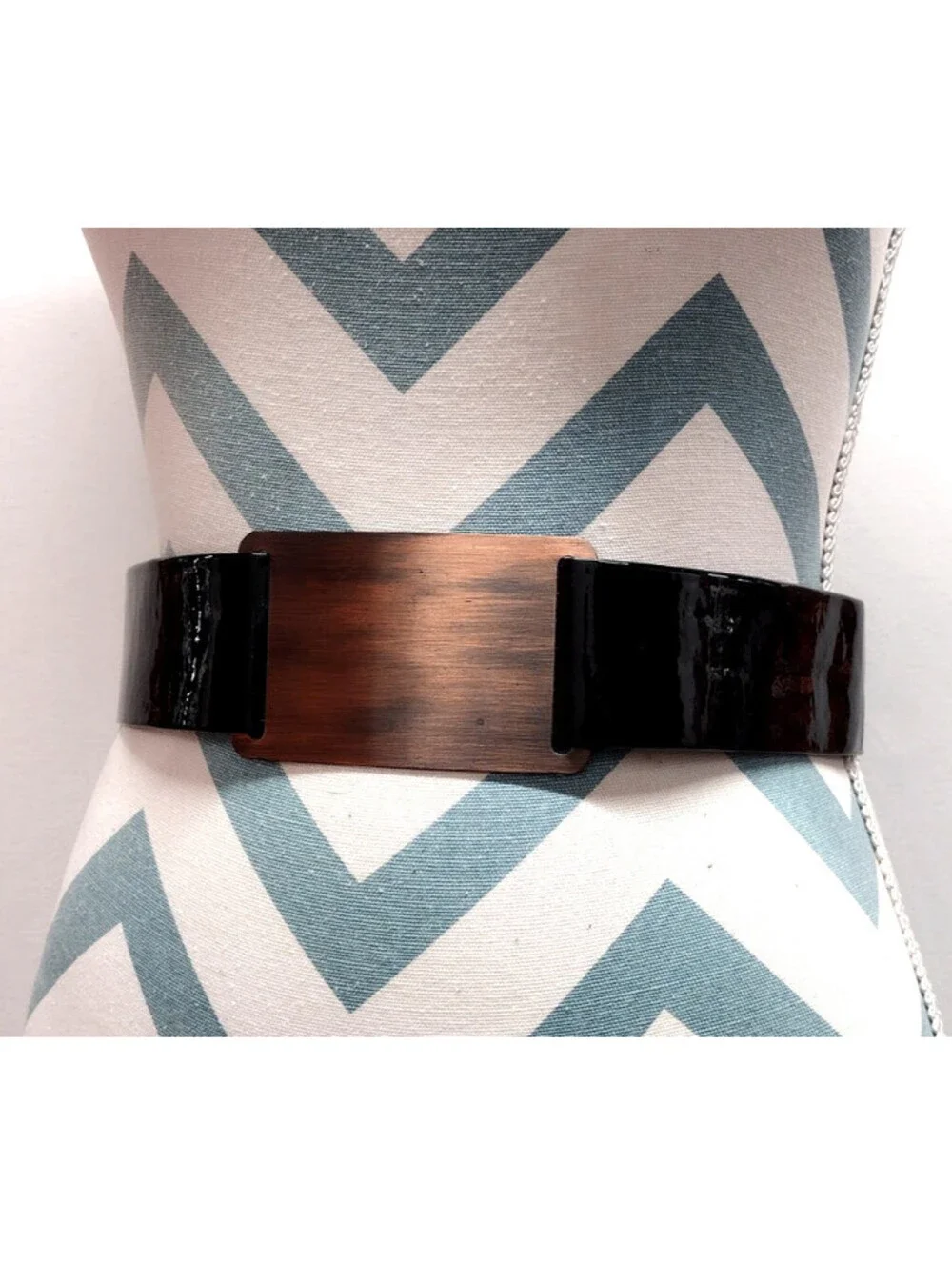 Black Patent Leather Belt Cinch Waist 28 Mod Pleather Vinyl Copper Wide Buckle